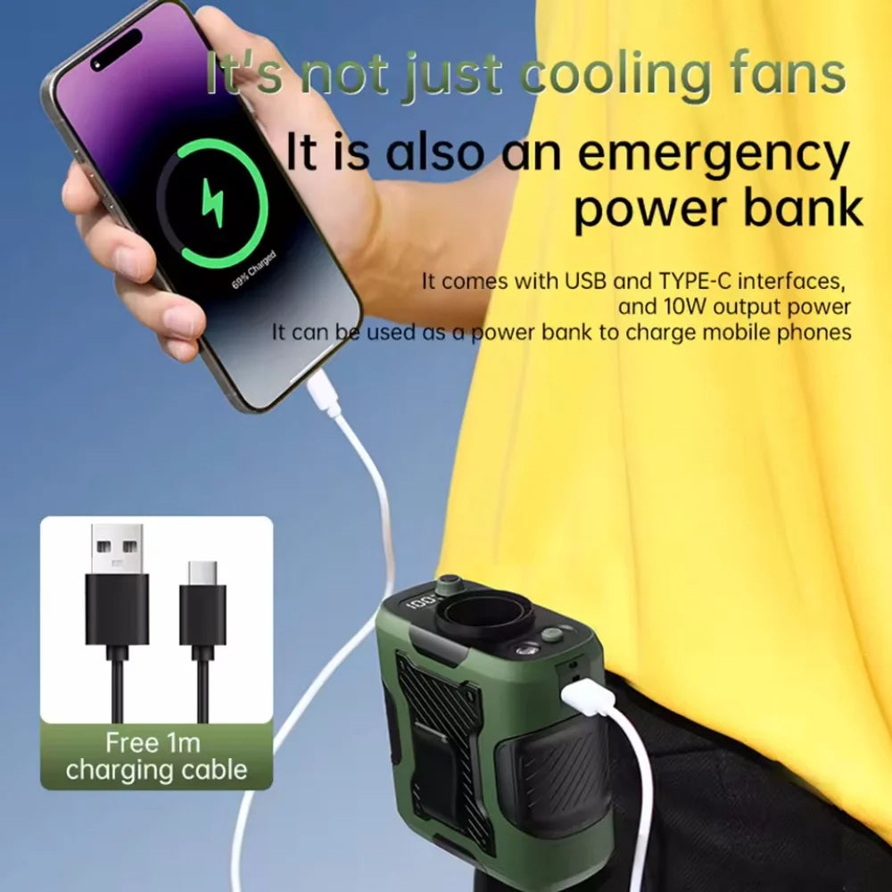 3 In 1 6000mAh Waist Fan Portable Handheld Hanging Neck Fan Ultra-Strong Wind with Phone Charging LED Light for Outdoor Working
