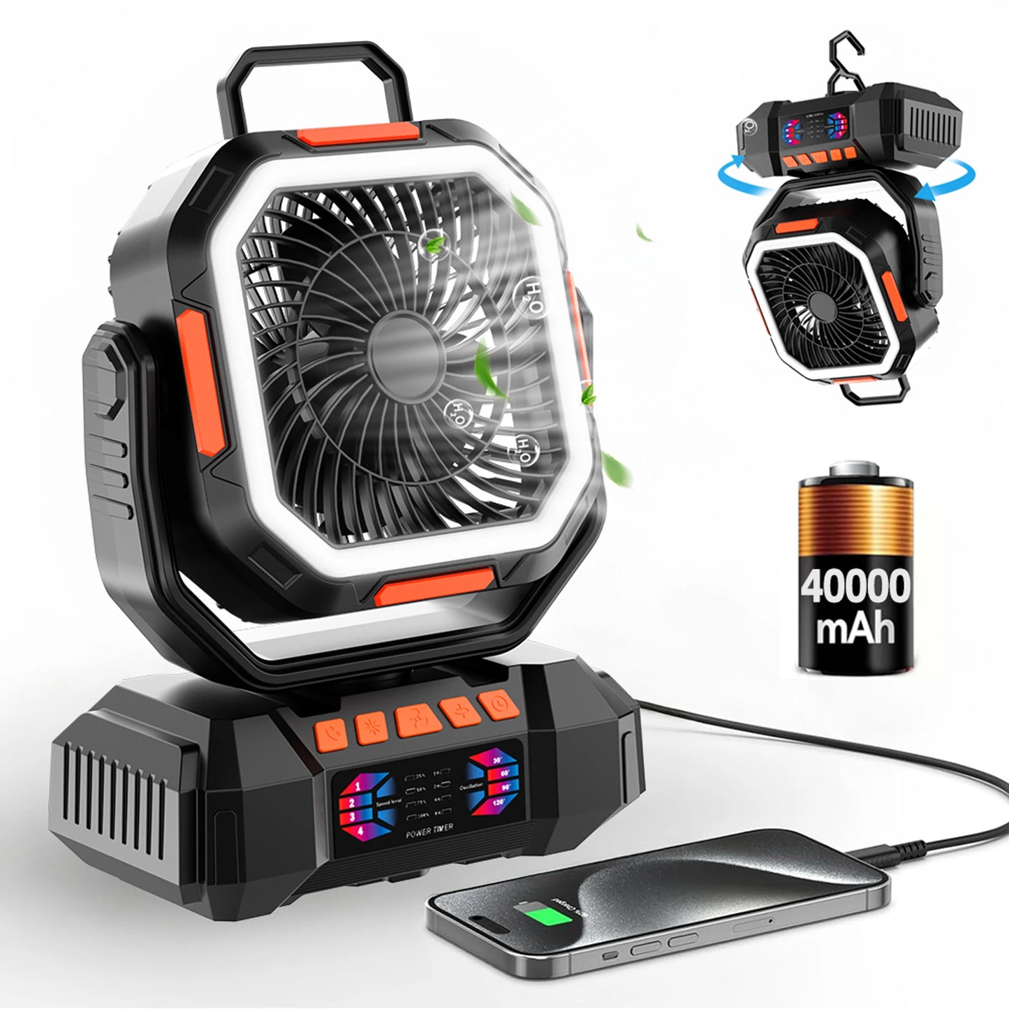 Camping Fan 40000mAh Battery Powered Fan Rechargeable 4 Speeds with LED Lantern - Portable Outdoor Tent Fans with Hanging Hook
