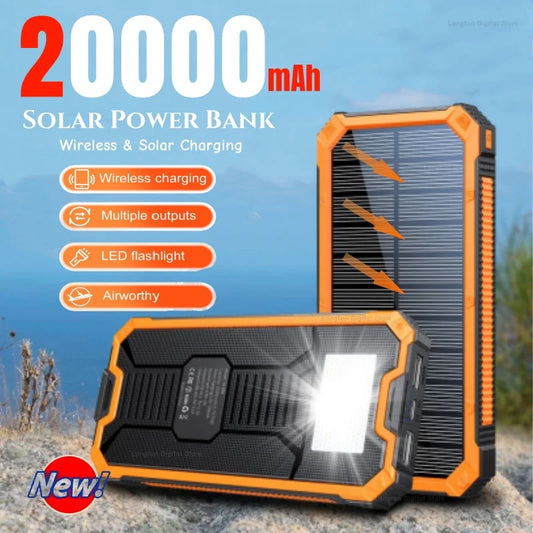 20000mAh Solar Power Bank Large Capacity Wireless Fast Charging Built in Cable With LED Light Enmergency Battery For iPhone New