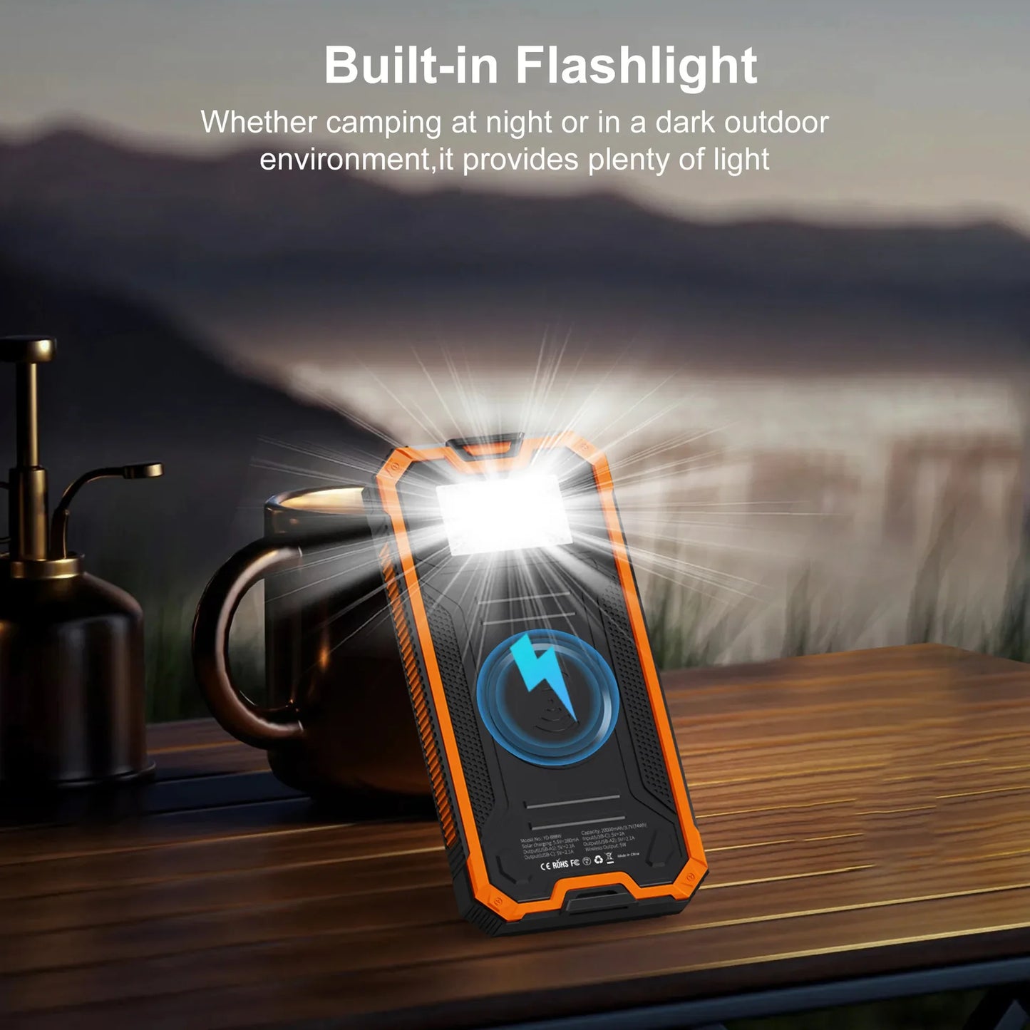 20000mAh Solar Power Bank Large Capacity Wireless Fast Charging Built in Cable With LED Light Enmergency Battery For iPhone New