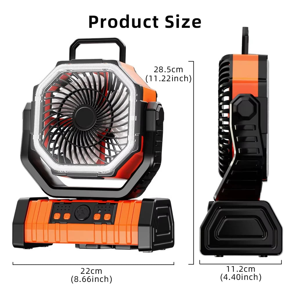 20000mAh Battery Operated Fan Portable Rechargeable Desk/Camping Fan with LED Light and Hook Outdoor Fan for Tent Car Trip