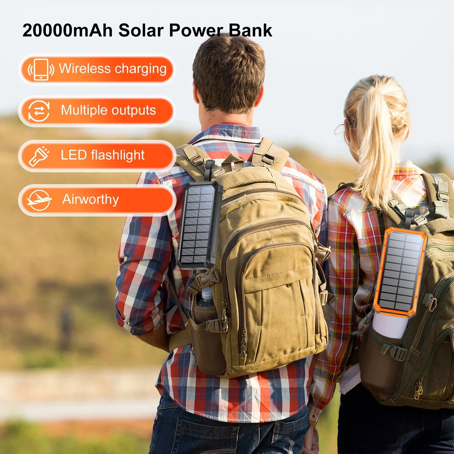 20000mAh Solar Power Bank Large Capacity Wireless Fast Charging Built in Cable With LED Light Enmergency Battery For iPhone New