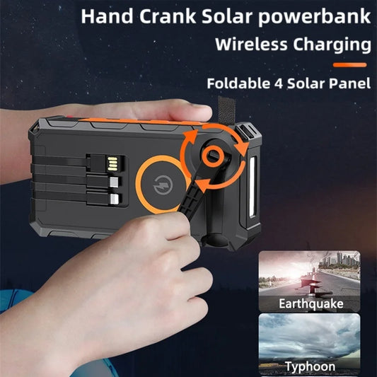 20000mAh Hand Crank Solar Power Bank with Foldable 4 Solar Panel Wireless Charger Dual USB Powerbank for iPhone 16 Xiaomi Huawei
