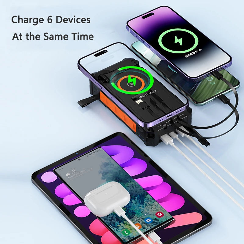 20000mAh Hand Crank Solar Power Bank with Foldable 4 Solar Panel Wireless Charger Dual USB Powerbank for iPhone 16 Xiaomi Huawei