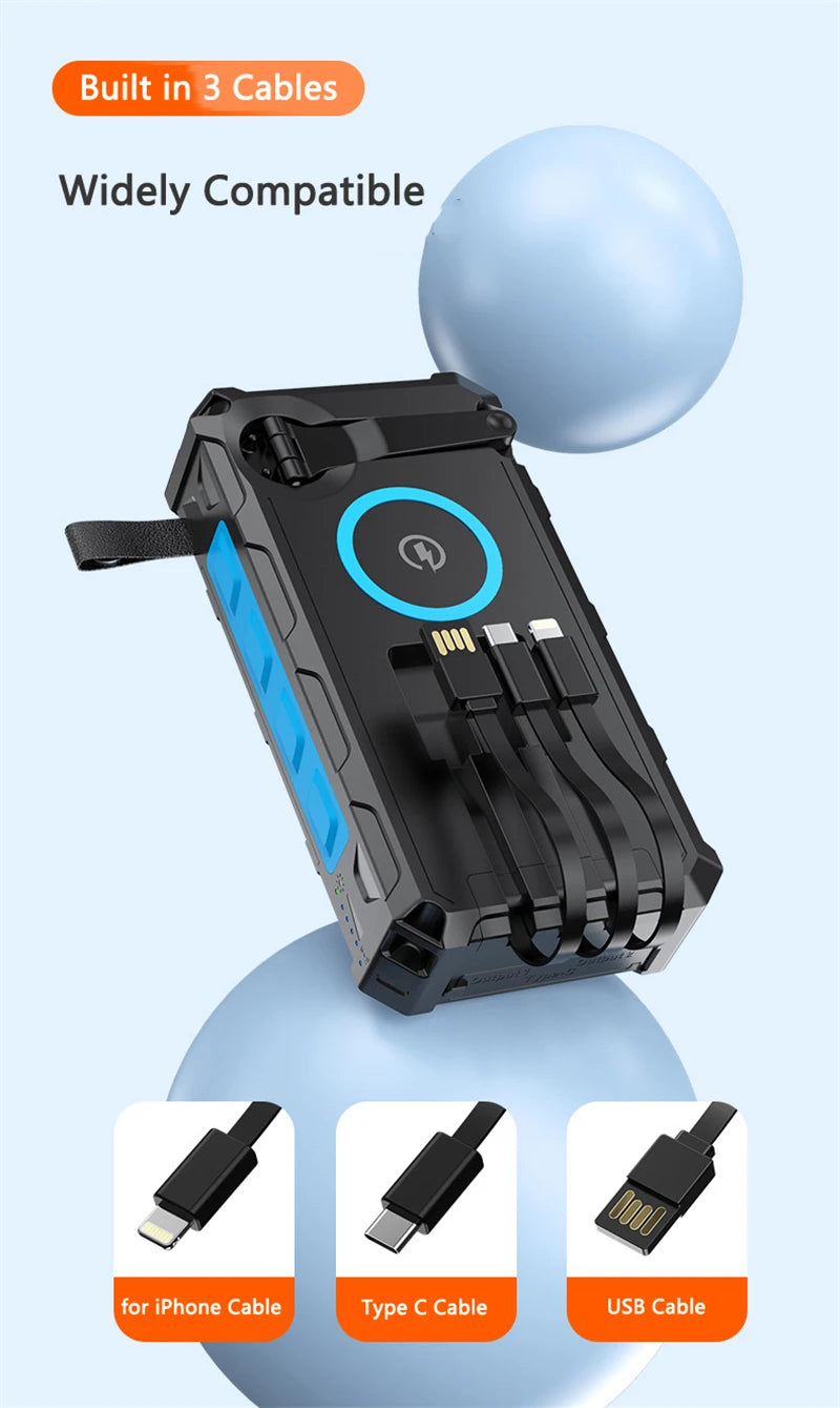 20000mAh Hand Crank Solar Power Bank with Foldable 4 Solar Panel Wireless Charger Dual USB Powerbank for iPhone 16 Xiaomi Huawei