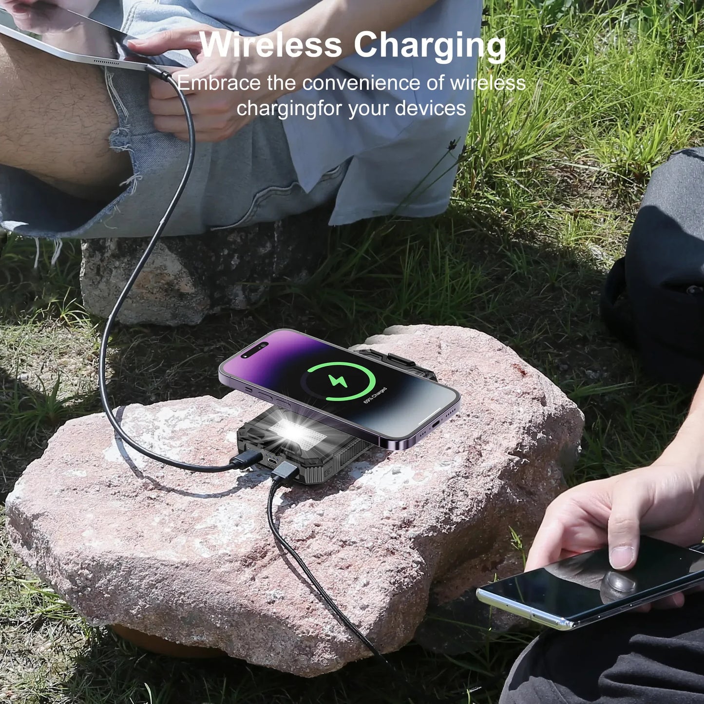 20000mAh Solar Power Bank Large Capacity Wireless Fast Charging Built in Cable With LED Light Enmergency Battery For iPhone New