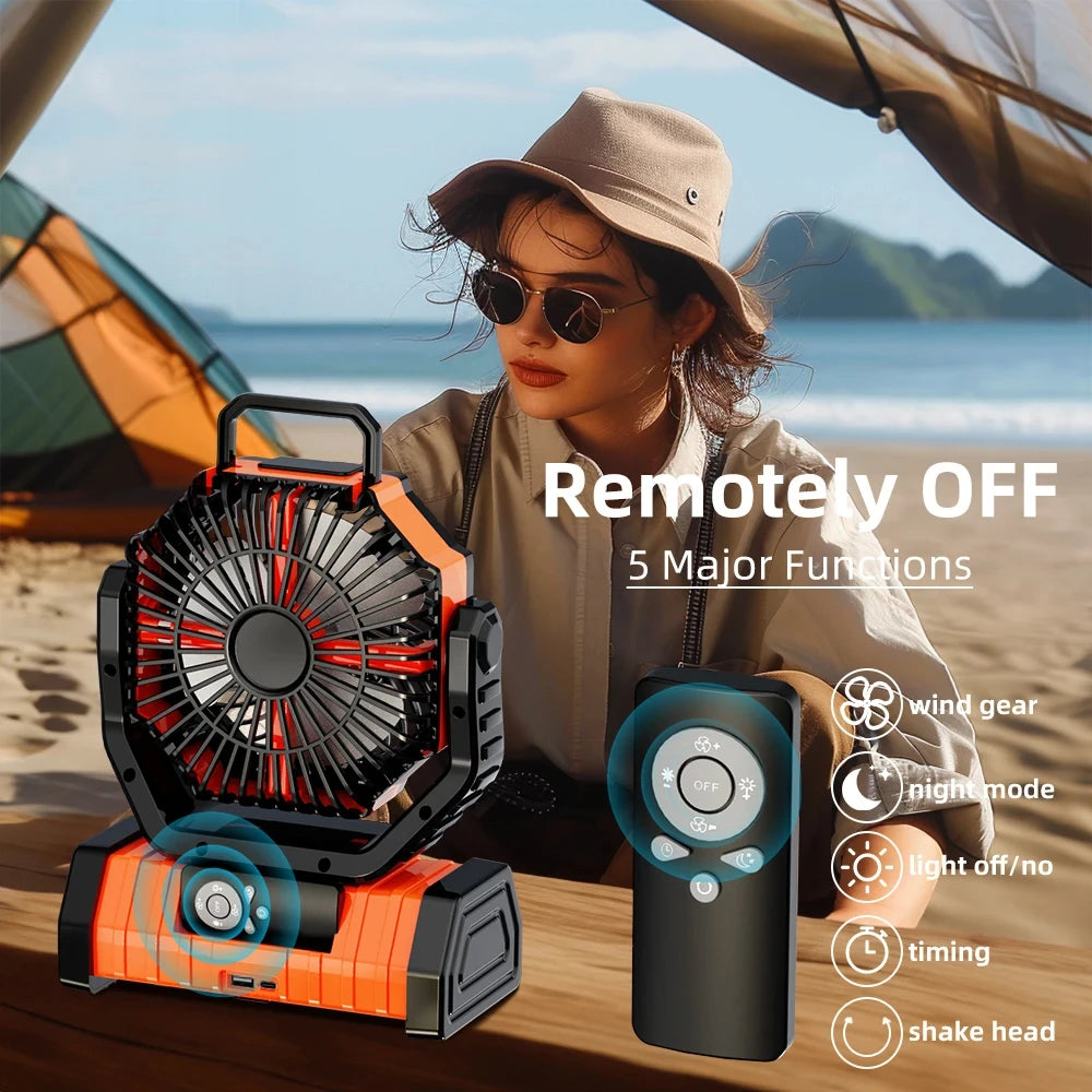 20000mAh Battery Operated Fan Portable Rechargeable Desk/Camping Fan with LED Light and Hook Outdoor Fan for Tent Car Trip
