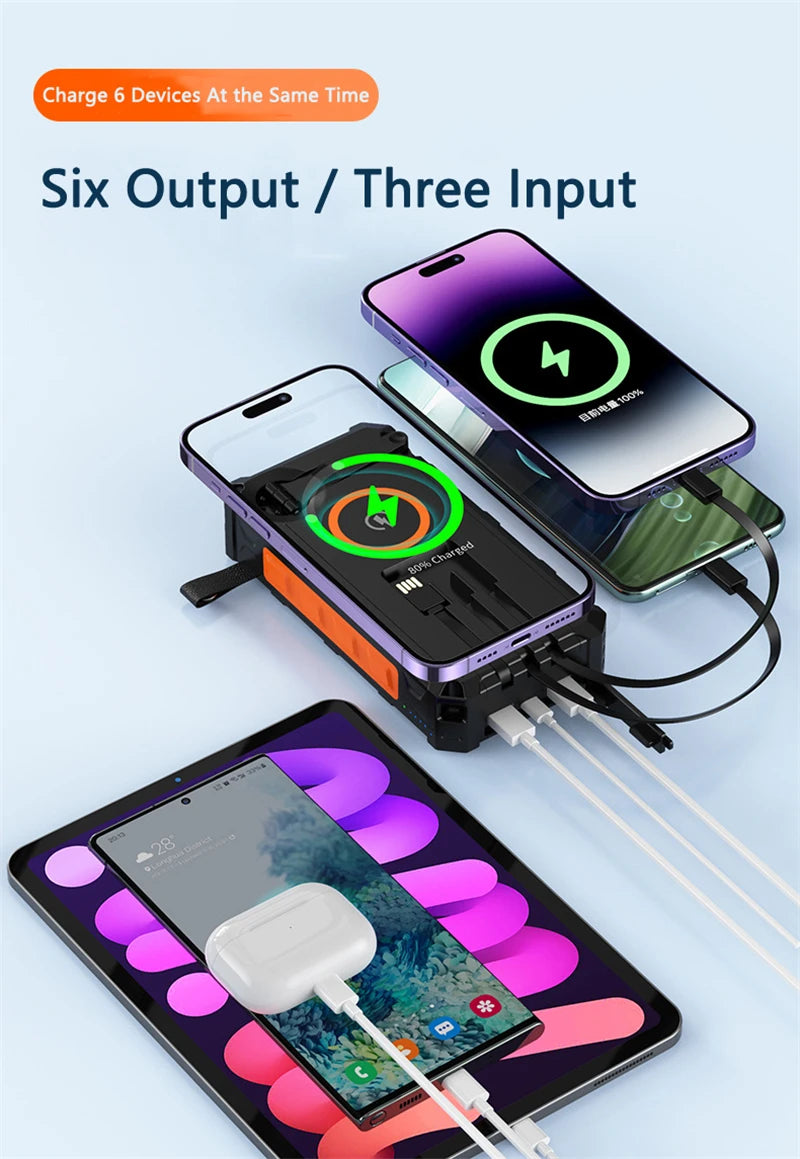 20000mAh Hand Crank Solar Power Bank with Foldable 4 Solar Panel Wireless Charger Dual USB Powerbank for iPhone 16 Xiaomi Huawei