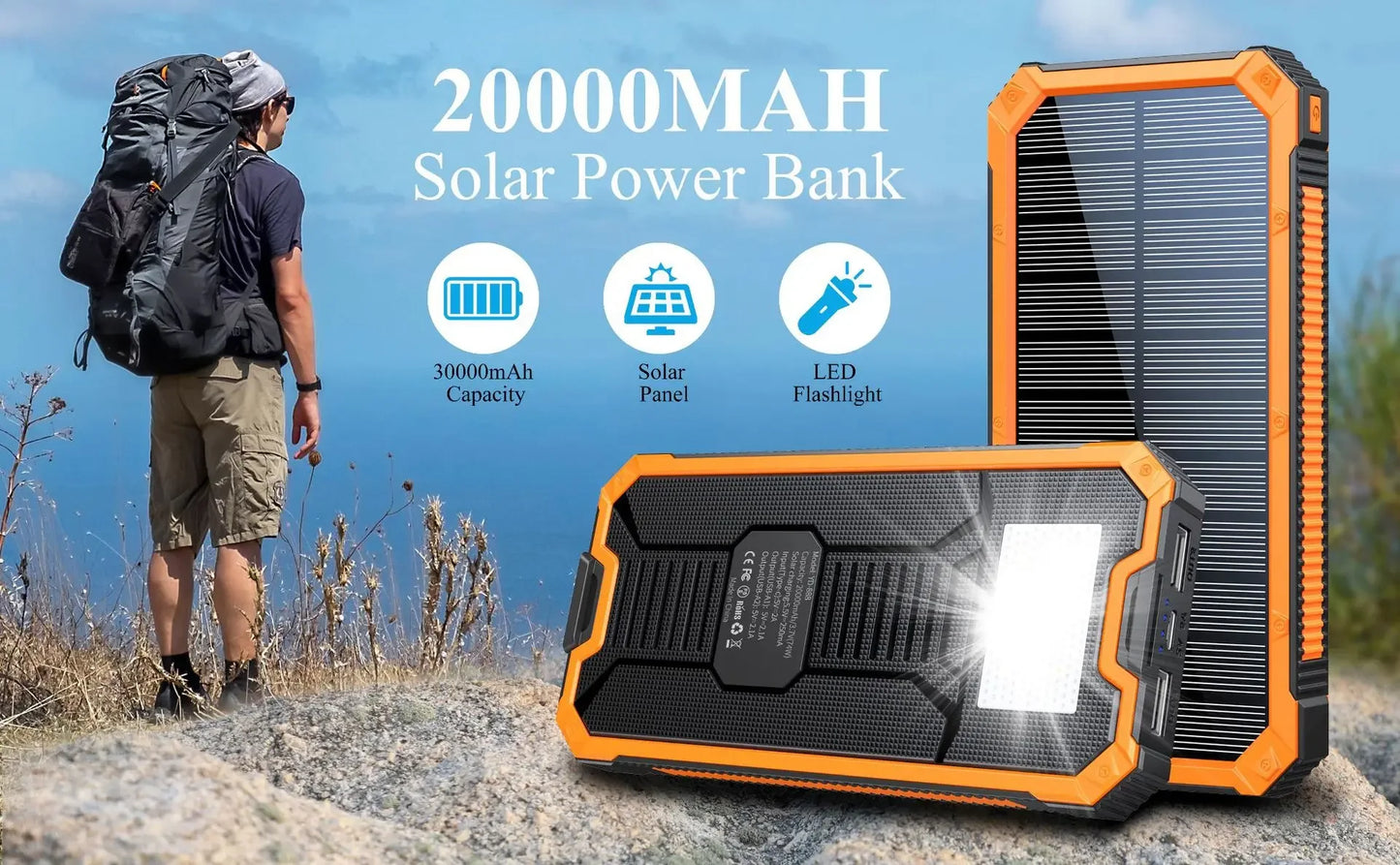 20000mAh Solar Power Bank Large Capacity Wireless Fast Charging Built in Cable With LED Light Enmergency Battery For iPhone New