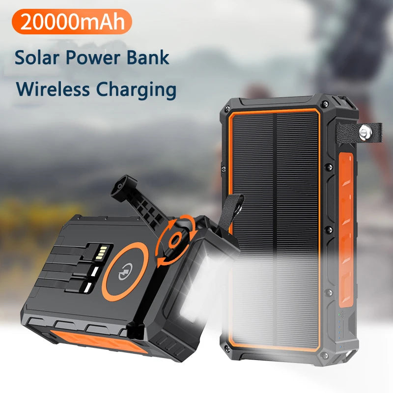 20000mAh Hand Crank Solar Power Bank with Foldable 4 Solar Panel Wireless Charger Dual USB Powerbank for iPhone 16 Xiaomi Huawei
