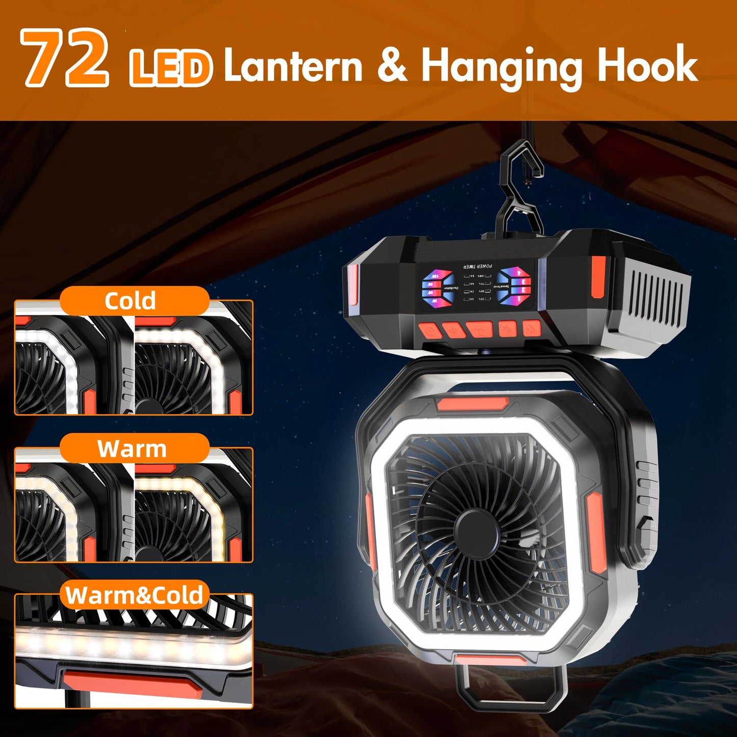 Camping Fan 40000mAh Battery Powered Fan Rechargeable 4 Speeds with LED Lantern - Portable Outdoor Tent Fans with Hanging Hook