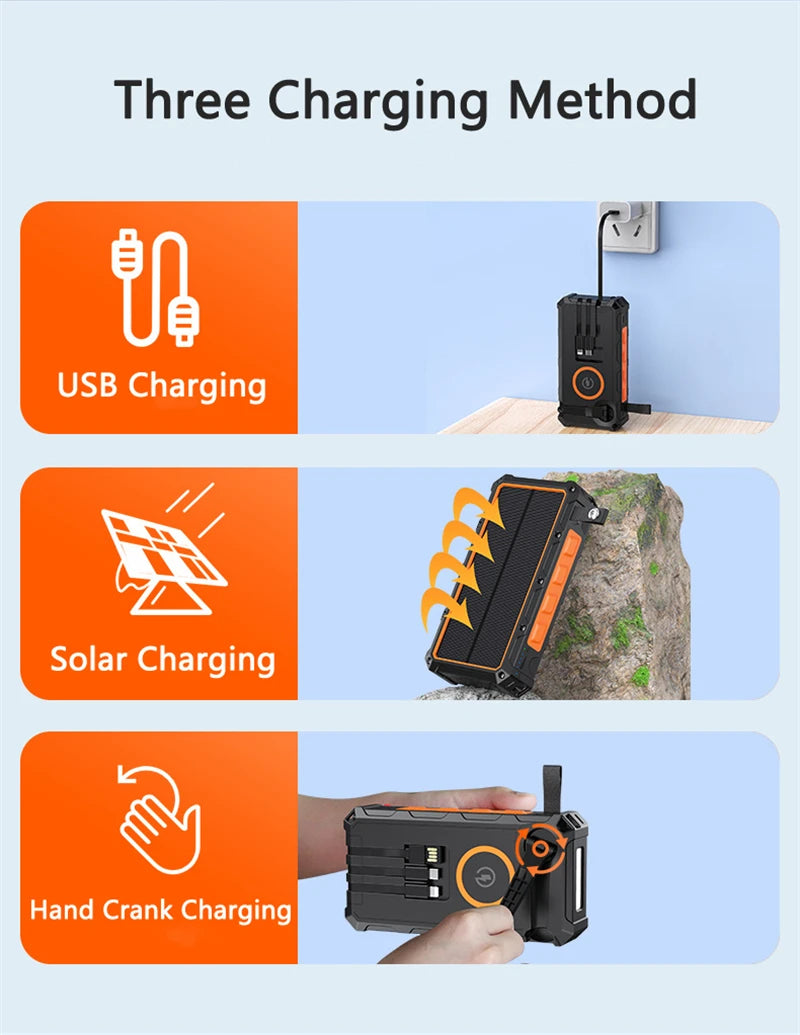 20000mAh Hand Crank Solar Power Bank with Foldable 4 Solar Panel Wireless Charger Dual USB Powerbank for iPhone 16 Xiaomi Huawei