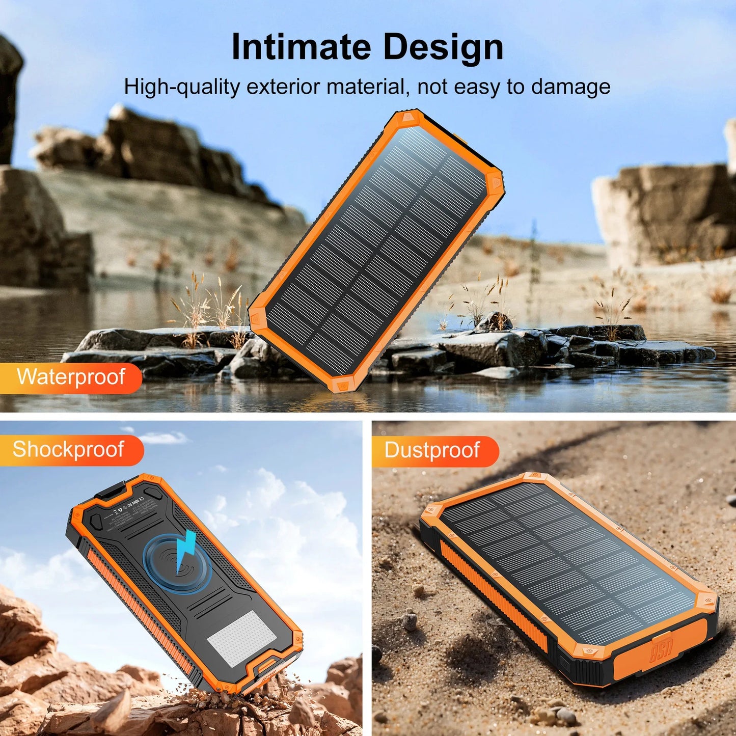 20000mAh Solar Power Bank Large Capacity Wireless Fast Charging Built in Cable With LED Light Enmergency Battery For iPhone New