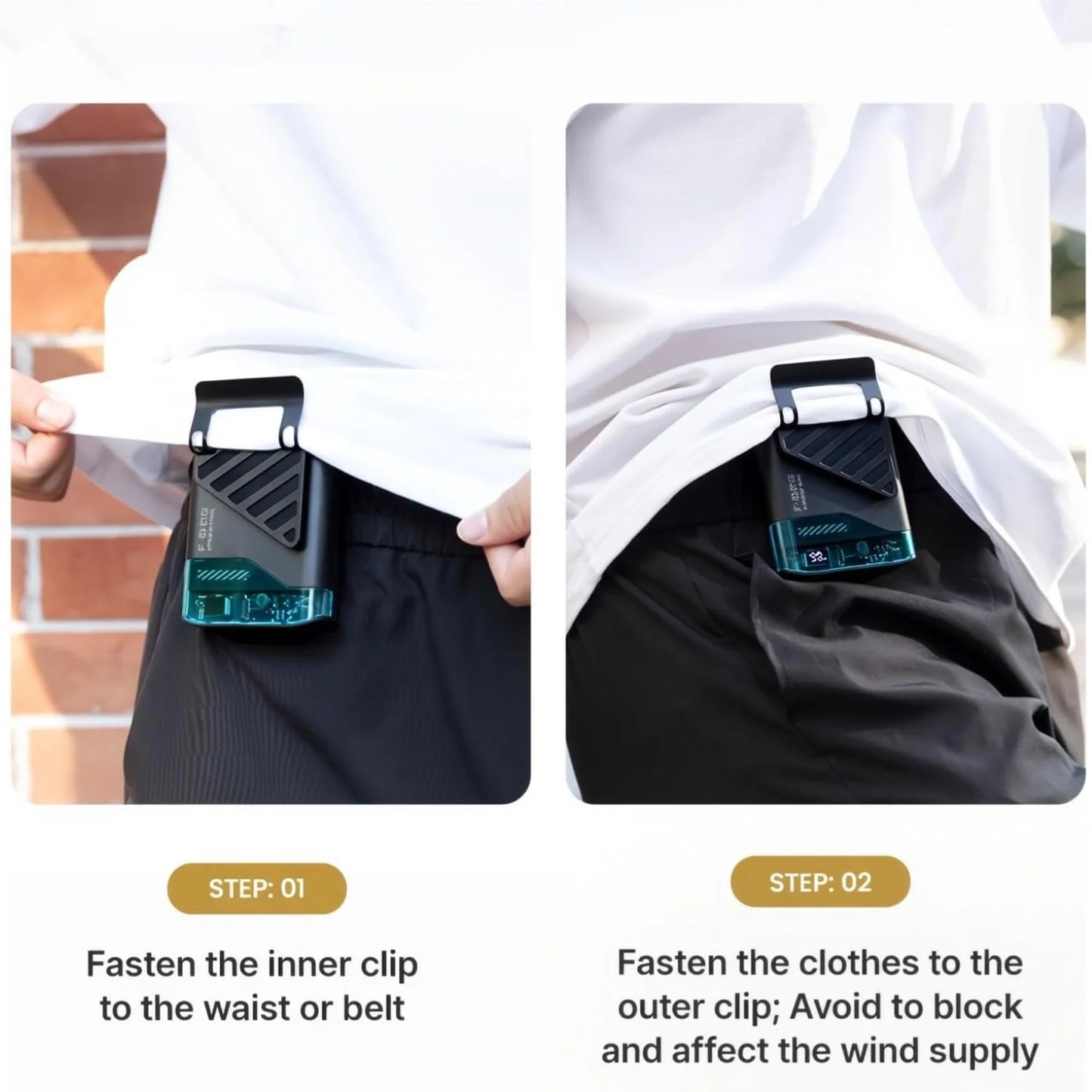 Portable Waist Fan with Belt Clip, Neck Hanging Clip-on Shirt Fan, Wearable Outdoor Camping Neck Fan for Men And Women, Black